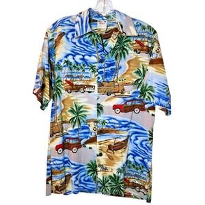 Go Barefoot Hawaiian Shirt – Woody Car & Palm Print, USA Made, Size S‎